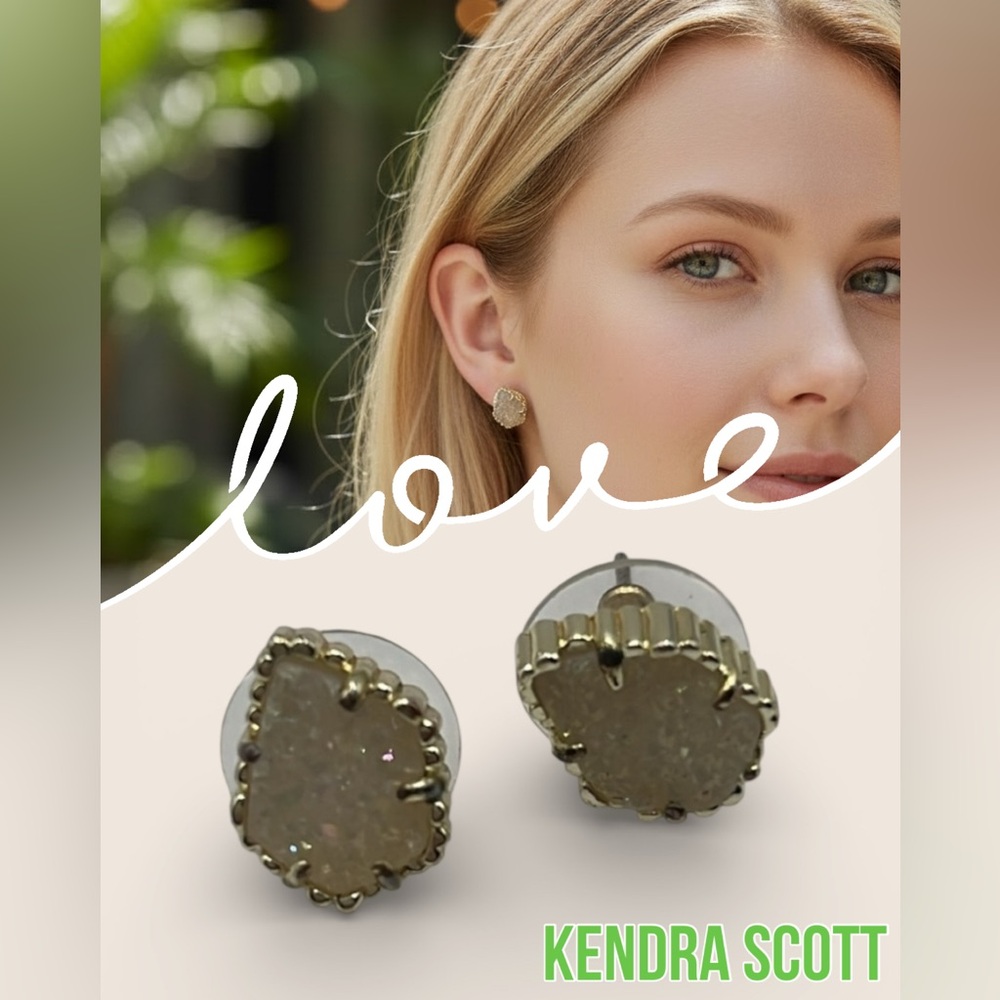 Kendra Scott White Kyocera Opal Druzy Tessa Stud Earrings Gold - Picture 3 of 12